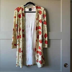 Li'u Love Duster Cardigan Women M Cream Red Anthurium Floral Open Front FLAW